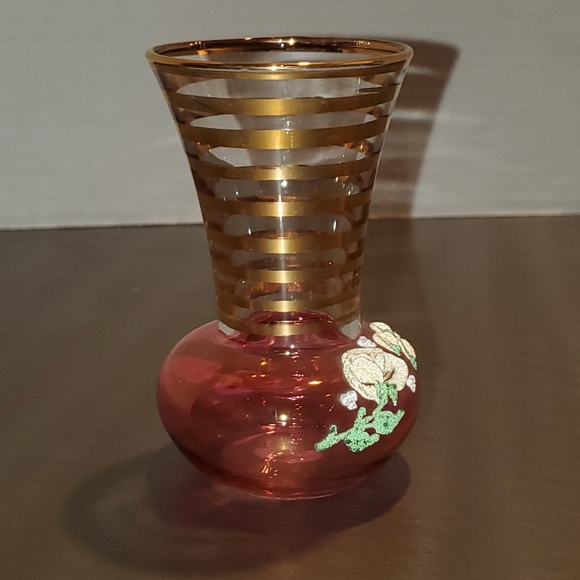 Vintage Glass Cranberry and Gold Mini Bud Vase with Applied Floral Pattern MCM - Picture 2 of 11